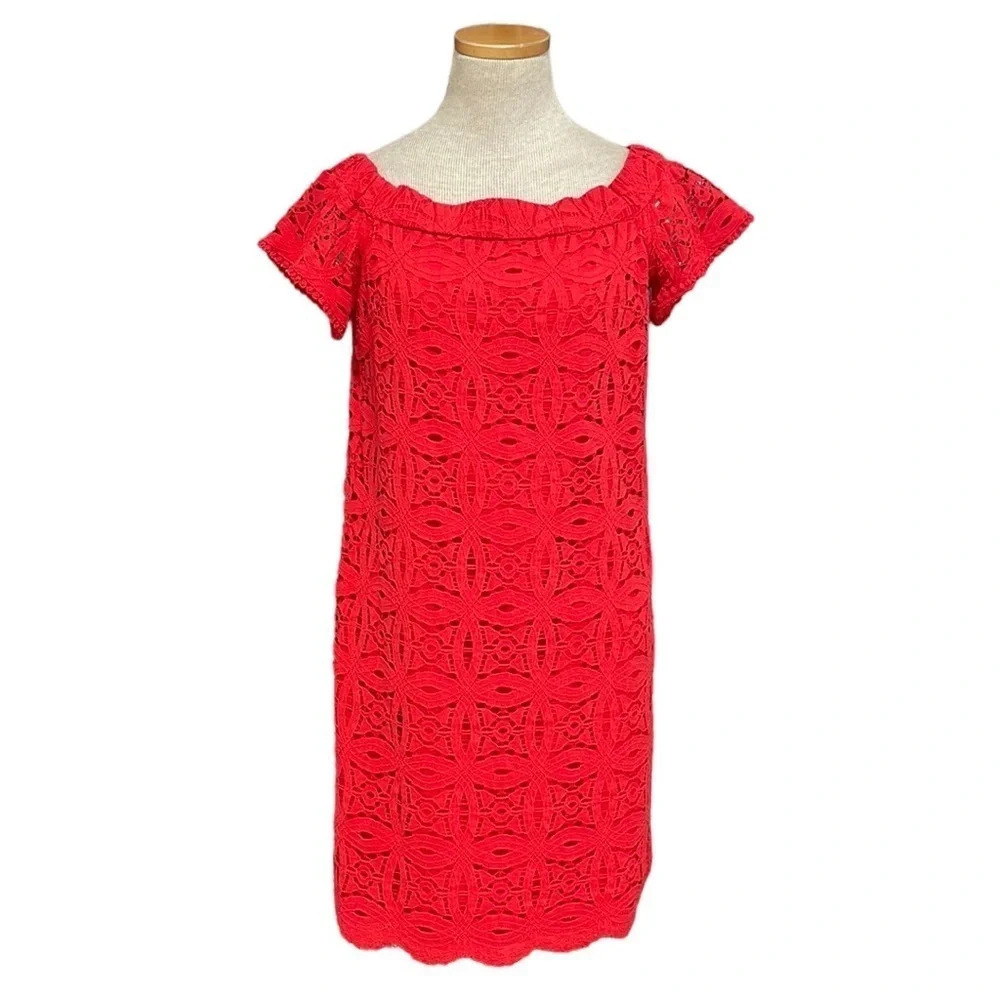 Maggy London Midi Dress Boat Neck Short Sleeve Lace Red Size 6 Petite 6P